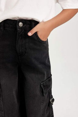 Широкие джинсовые брюки антрацитового цвета для девочек с карманами-карго - Defacto фото 5