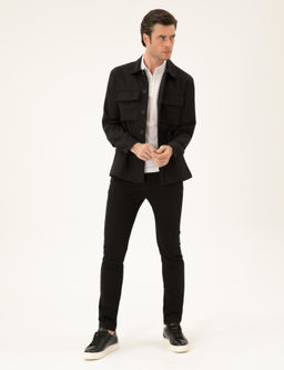 Siyah Slim Fit Keten Kar___ml_ Ceket G_mlek