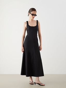 Kare Yaka Pileli Poplin Elbise