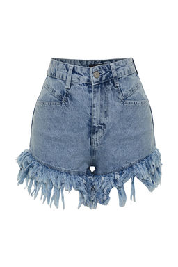 TRENDYOLMILLA Ac?k Mavi More Sustainable Puskullu Yuksek Bel Denim Sort TWOSS23SR00164 фото 6