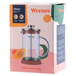 51459 WERNER Френч-пресс ALLEGRO 600 мл. Материал: жаропрочное боросиликатное стекло, нержавеющая сталь, пластик, термопластичная резина. Цвет: темно-розовый