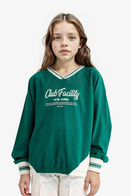 %100 Pamuk Oversize Geni_ Kal_p V Yaka Bask_l_ Okul Sweatshirt K_z _ocuk - Defacto фото 3