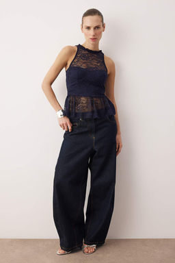 Lacivert Dantel Peplum Detayl? Party Bluz TPRAW26BZ00008