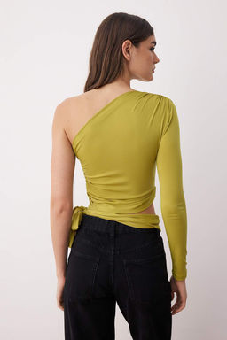 Yag Yesili Leopar Bask?l? Slim Baglama Detayl? Tek Kol Crop Esnek Orme Bluz TWOAW23BZ00094