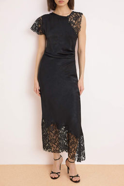 Siyah Duz Dantel Detayl? Dokuma Saten Maxi Astars?z S?k/Gece Elbise - Trendyolmilla фото 3