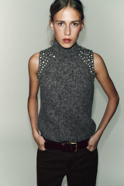 WOOL BLEND TOP WITH RHINESTONE BEADS