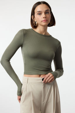 Haki Premium Viskon Bisiklet Yaka Crop Esnek Orme Bluz TWOAW24BZ00116