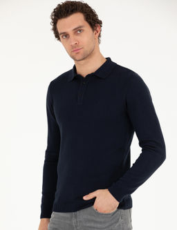 Базовый трикотажный свитер узкого кроя темно-синего цвета с воротником-поло - Cacharel фото 10