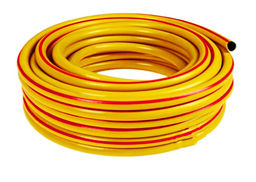 Шланг ПВХ армированный 3-х слойный 3/4" Радуга желтый с красной полосой 25м 104155