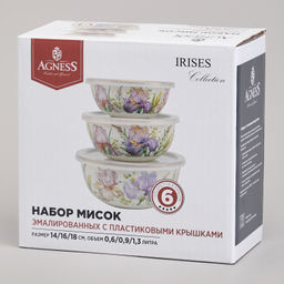 НАБОР МИСОК AGNESS ЭМАЛИРОВАННЫХ С ПЛАСТИК.КРЫШКАМИ, СЕРИЯ ФЛАНДРИЯ 6ПР 0,6/0,9/1,3Л ДИА. 14/16/18СМ  фото 2