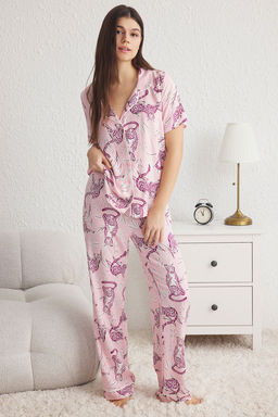 Trendyolmilla Pembe Hayvan Desenli Biyeli Viskon Dokuma Pijama Tak?m? THMSS25PT00022  фото 7