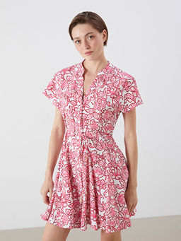 Ka??k Yaka ?i?ekli Pileli Elbise