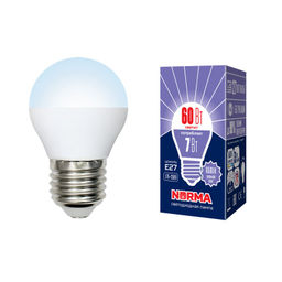 LED-G45-7W/DW/E27/FR/NR Лампа светодиодная. Форма "шар", матовая. Серия Norma. Дневной белый свет (6500K). Картон. ТМ Volpe