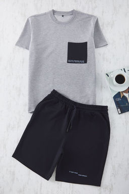 TRENDYOL MAN Siyah Tas Regular Fit Bask?l? Orme Sortlu Pijama Tak?m? TMNSS25PT00009 - Trendyolmilla фото 5