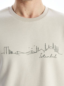 Bisiklet Yaka Bask?l? Erkek Kal?n Sweatshirt