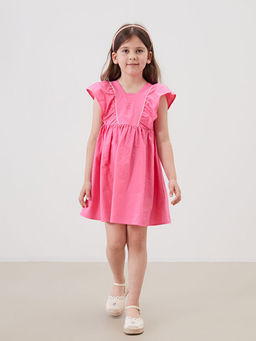 Kare Yaka Keten G?r?n?ml? K?z ?ocuk Elbise