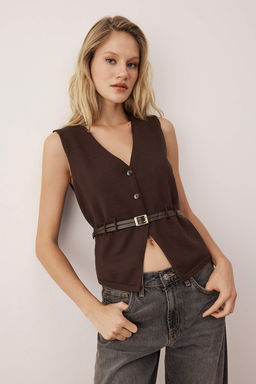 Limited Edition Kahverengi Premium Iplik/Ozel Iplik Triko Yelek TWOAW26YE00033