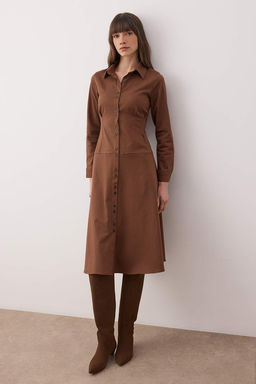 Kahverengi Dugme Detayl? Midi Dokuma Gomlek Elbise TWOAW26EL00264 - Trendyolmilla фото 3