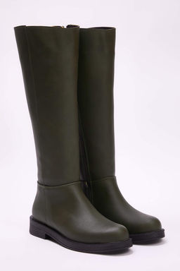 Haki Fermuarl? K?sa Kad?n 4 cm Duz Topuklu Cizme TAKAW25CZ00000