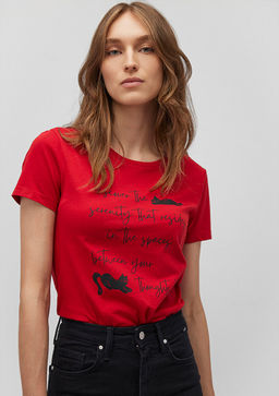 Kedi Bask?l? K?rm?z? Tisort