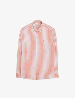 Turuncu Slim Fit %100 Keten Yakas_ D__meli _izgili G_mlek