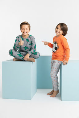Somon-Gri Erkek Cocuk 4lu Bask?l? Pijama Tak?m? TKDAW26PT00009