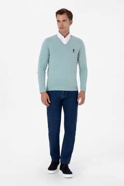 Erkek Slim Fit V Yaka Mint Basic Kazak