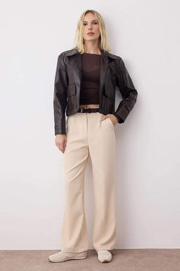 Tas Yuksek Bel Wide Leg Genis Paca Pilili Dokuma Kumas Pantolon TWOAW21PL0076