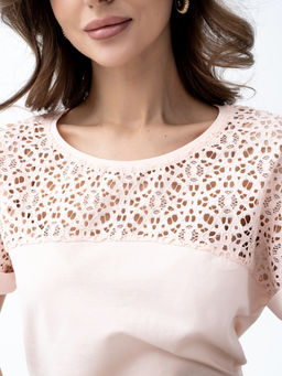 ВИДЕООБЗОР . Футболка с кружевом .арт.180-12,персиковая - Binita фото 6