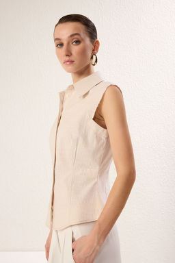 TRENDYOLMILLA Bej Kolsuz Cizgili Ceket Formda Belden Oturan Dokuma Gomlek TWOSS25GO00088 фото 3