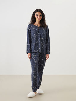 Ba?lamal? Yaka Bask?l? Kad?n Pijama Tak?m?