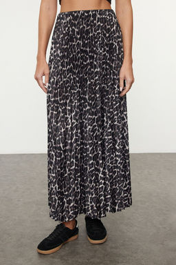 Koyu Kahverengi Piliseli Leopar Bask?l? Esnek Orme Etek TWOSS24ET00041