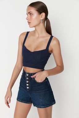 Koyu Mavi Onden Dugmeli Yuksek Bel Mini Denim Sort TWOSS22SR00112