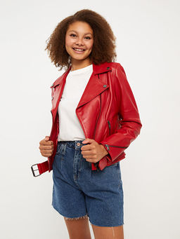 Ceket Yaka D?z Uzun Kollu Kad?n Deri Mont