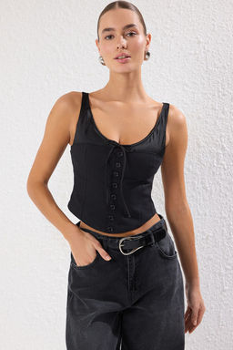 Trendyolmilla Siyah Keten Icerikli Saten Detayl? Fitted Ask?l? Dokuma Bluz TWOSS25BZ00419  фото 5