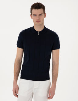 Lacivert Slim Fit Fermuarl_ Polo Yaka Triko Kazak