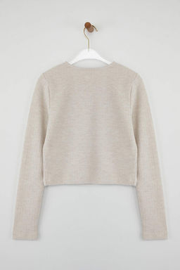 Bej Fitted/Vucuda Oturan Crop Dugme Detayl? F?rcal? Pointel Esnek Orme Bluz TWOAW26BZ00113