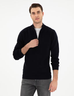 Lacivert Slim Fit Fermuarl_ Dik Yaka Kazak