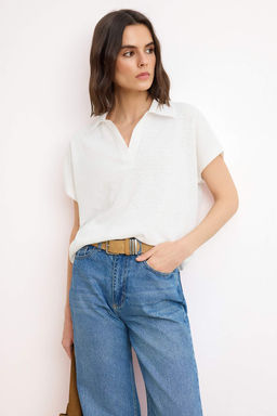 Ekru Regular/Normal Kal?p Polo Yaka Dusuk Kol Orme T-Shirt TWOSS26TS00078 - Trendyolmilla фото 5