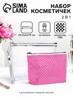 Набор простых косметичек 2 в 1, с ручкой, с принтом, малиновый
