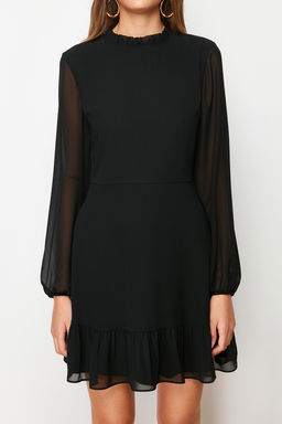 TRENDYOLMILLA Siyah A Kesim F?rf?r Detayl? Dik Yaka Mini Astarl? Sifon Dokuma K?sl?k Elbise TWOAW24EL00722  фото 26