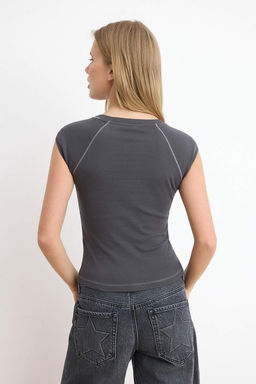 Antrasit Fitted/Vucuda Oturan Reglan Kol K?sa Kollu Ribana/Kaskorse Orme Bluz TWOSS26BZ00618