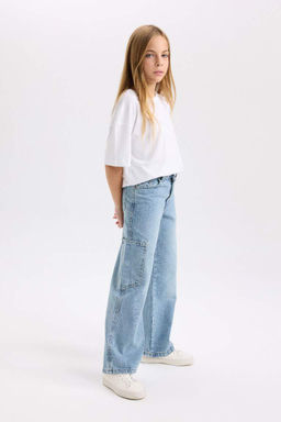 Широкие джинсовые брюки для девочек с карманом-карго - Defacto фото 3