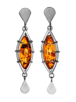 Серьги в авторском дизайне Канкун из черненого серебра и янтаря коньячного цвета