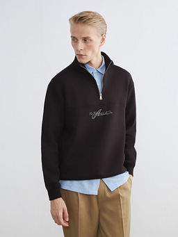 Dik Yaka Bask?l? Erkek Kal?n Sweatshirt