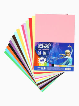 Картон цветной тонированный, А4, 16 листов, 16 цветов, немелованный, двусторонний, в пакете, 180 г/м², Холодное сердце