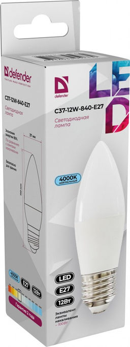 Лампа светодиодная, E27, C37, 12Вт, 4000К "Defender" нейтральный белый свет, свеча