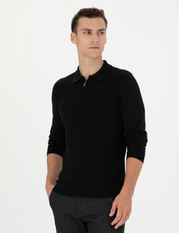 Siyah Slim Fit Fermuarl_ Polo Yaka Triko Kazak - Pierre cardin фото 3