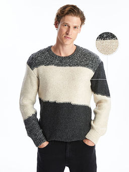 Bisiklet Yaka Uzun Kollu Renk Bloklu Erkek Triko Kazak