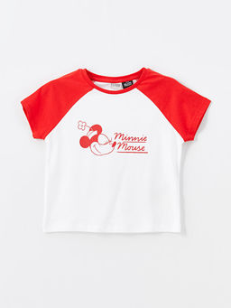 Bisiklet Yaka Minnie Mouse Bask?l? K?sa Kollu K?z ?ocuk Crop Ti??rt